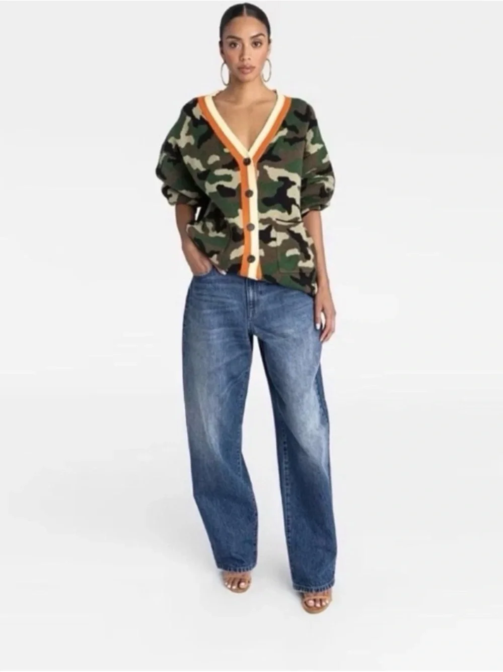 Camo V-Neck Button Front Sweater Cardigan - Green